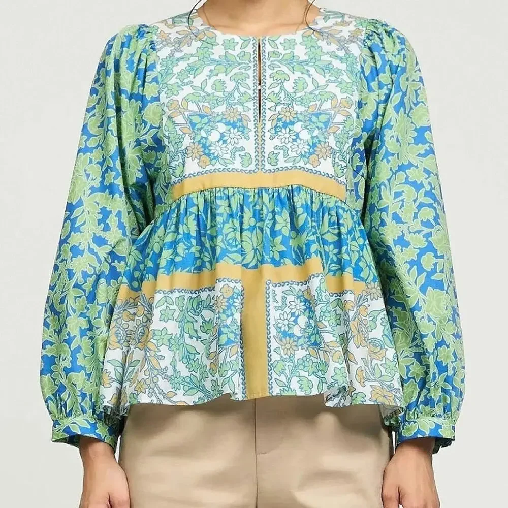 Current Air Aqua Patchwork Blouse Small Boho Bishop Sleeve NWT Peasant